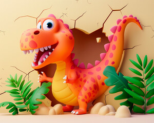 Cute cartoon colorful dinosaur break through 3d wal