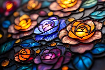 Stained glass window, with roses blooming in vibrant detail brings the delicate beauty of flowers to life in colorful, radiant glass