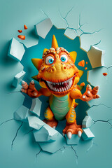 Cute cartoon colorful dinosaur break through 3d wal