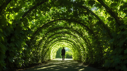 A person walking through a tunnel made of oversized leaves, with soft sunlight filtering through the vibrant green canopy above