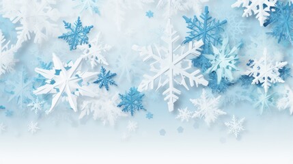 A serene winter-themed design featuring various snowflakes in shades of blue and white, perfect for holiday graphics.