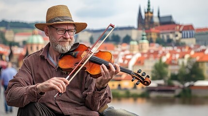 Fototapeta premium A street musician playing a violin on the Charles Bridge, with Prague Castle and the Vltava River in the background.
