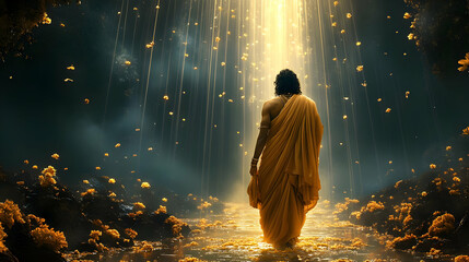 A serene figure in a golden light, symbolizing enlightenment and spiritual awakening.