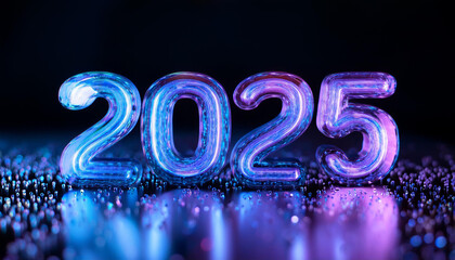 Futuristic glossy number 2025 with water droplets on black background. New Year. Neon colors.
