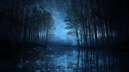 A forest where the trees have glowing, glass-like bark, their luminescence casting reflections on a calm lake beneath a starry sky