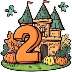 Obraz premium Cartoon Castle Number Two with Pumpkins and Ghosts