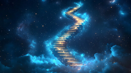 Obraz premium A spiral staircase made of light, ascending into a night sky full of stars, each step glowing faintly as it disappears into the cosmos