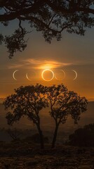 Fototapeta premium Solar eclipse phases against orange sunset sky