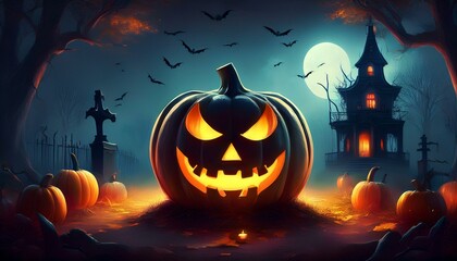 spooky Halloween atmosphere. In the middle of the background, there is a carved pumpkin with a scary face that glows orange, giving a mysterious feel.