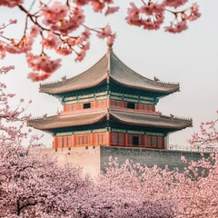 A view of the Bell Tower in Xi'an surrounded by blooming cherry blossoms in spring