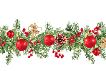 Festive Christmas garland with red ornaments, pinecones, and greenery, perfect for holiday decoration and seasonal design projects.