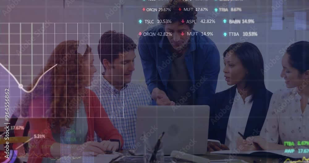 Poster animation of data processing and diagrams over diverse business people discussing work