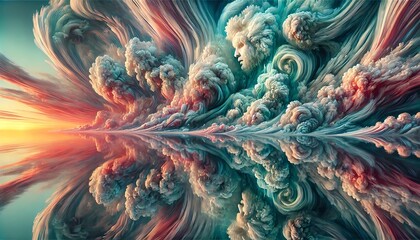 A surreal, breathtaking scene of a sunset with dramatic cloud formations that resemble human faces and figures, swirling and merging in the sky