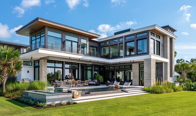 Fototapeta premium Modern coastal home with oceanfront views.