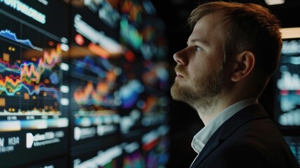 Businessman analyzing financial data on digital screens in a modern office environment