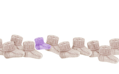 9 crocheted white socks for newborns and 1 purple hang on a string on a clothespin as a symbol of the statistics on the birth rate of premature babies.Watercolor clip art isiolated on white background