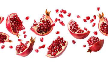 Freshly cut pomegranate halves and scattered seeds on transparent background. Vibrant red fruit, healthy and nutritious, perfect for food and beverage projects.