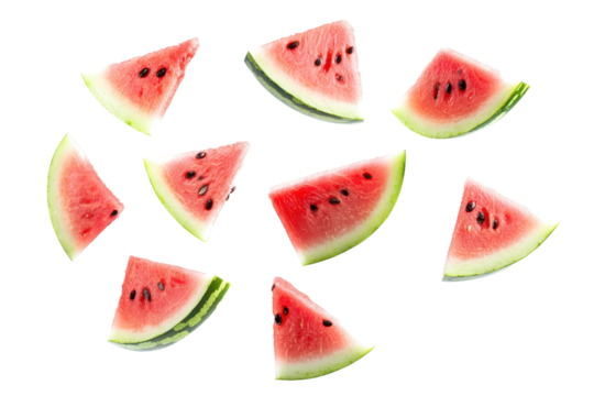Fresh watermelon slices on a transparent background. showcasing vibrant red fruit with green rind, perfect for summer themes and healthy eating concepts.