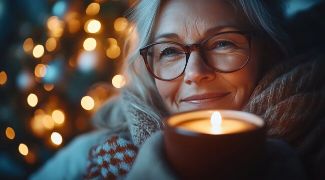 Senior woman is smiling while holding a candle in front of her face with christmas tree lights in the background. Poster and wallpaper