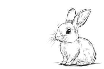 Hand-drawn black and white sketch of a cute bunny rabbit with detailed fur and expressive ears. Perfect for prints, cards, and animal illustrations.