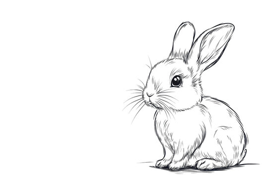 Hand-drawn black and white sketch of a cute bunny rabbit with detailed fur and expressive ears. Perfect for prints, cards, and animal illustrations.