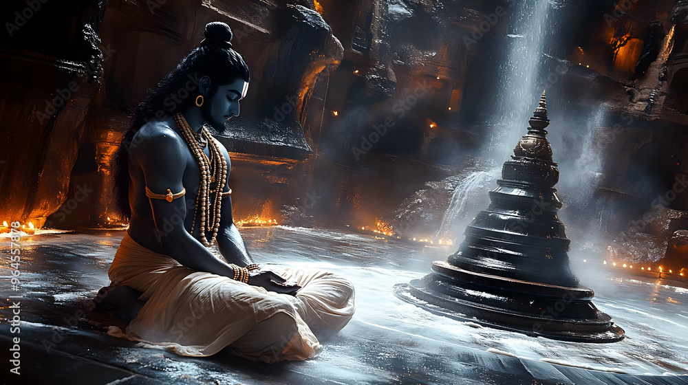 Poster a serene figure meditating in a mystical setting with a symbolic structure.