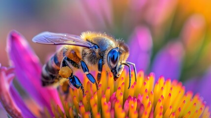 Closeup photo of bee on colorful flower collecting pollen highlighting textures. Concept Macro Photography, Nature Closeups, Bee Pollination, Vibrant Flowers, Insect Details 