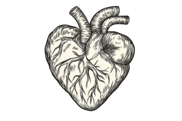Intricate hand-drawn anatomical heart illustration showcasing detailed veins and arteries, perfect for medical, educational, or artistic use.