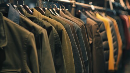 Obraz premium Row of jackets hanging on store rack. Concept Fashion Display, Clothing Boutique, Retail Shopping, Trendy Outerwear, Store Merchandise 