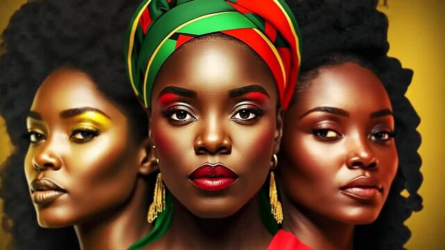 Young african women in headdress or turban with colors of african flag background, for black history month, juneteenth, keti koti or remembrance abolition	