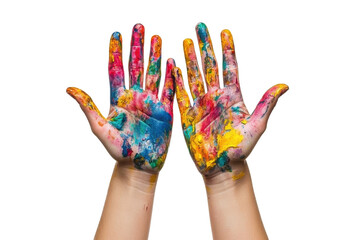 Messy hands covered in vibrant colorful paint on a transparent background. symbolizing creativity and artistic expression.