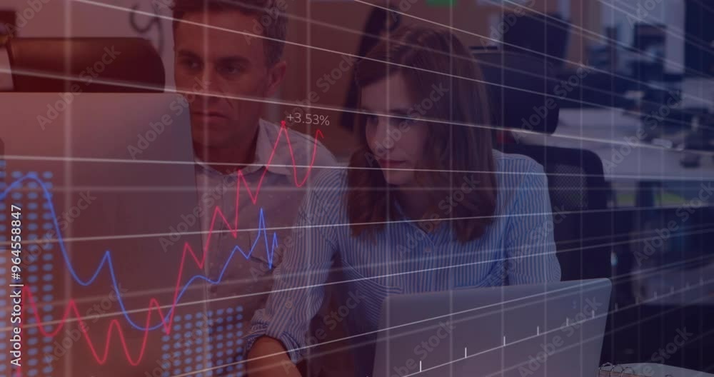 Poster animation of data processing and diagrams over caucasian business people discussing work