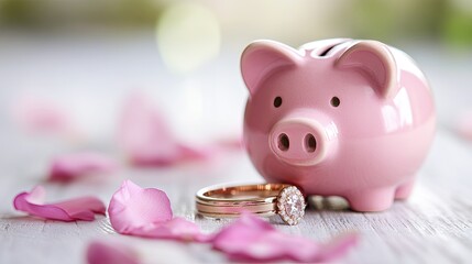 A close-up of a pink piggy bank and a wedding ring, highlighting the importance of saving money for marriage and wedding preparations