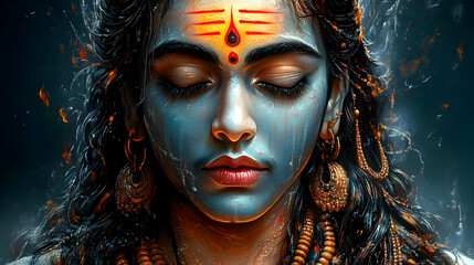A serene figure with blue skin and traditional adornments, embodying a spiritual essence.