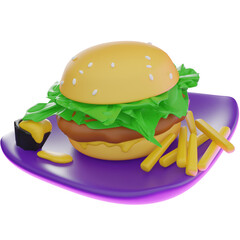 3D Render of a Burger with Fries, Perfect for Fast Food and Restaurant Designs. Clipart for Meals, Snacks, and Food-Related Projects.