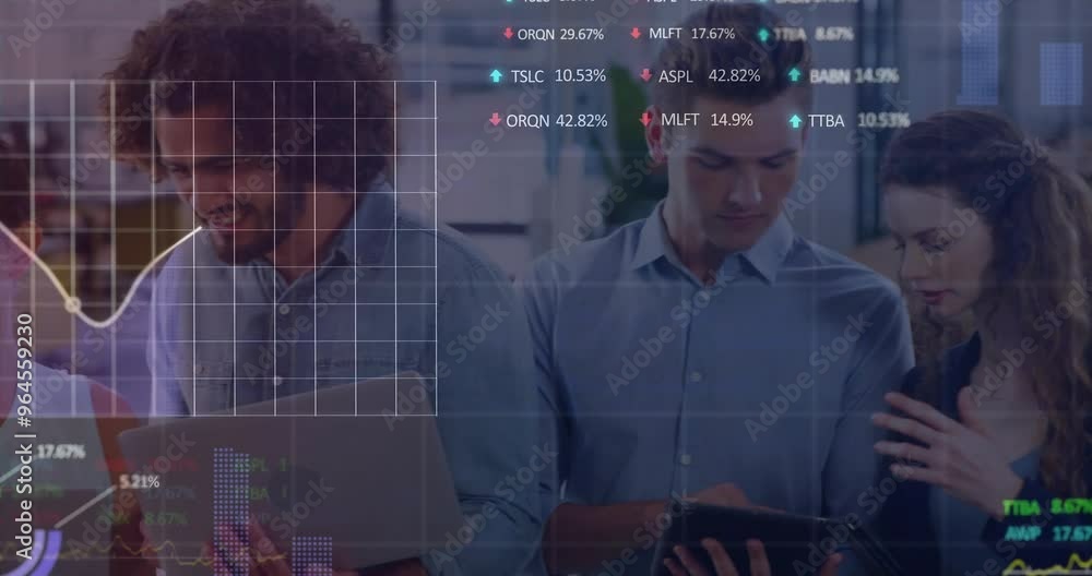 Aufkleber animation of data processing and diagrams over diverse business people discussing work