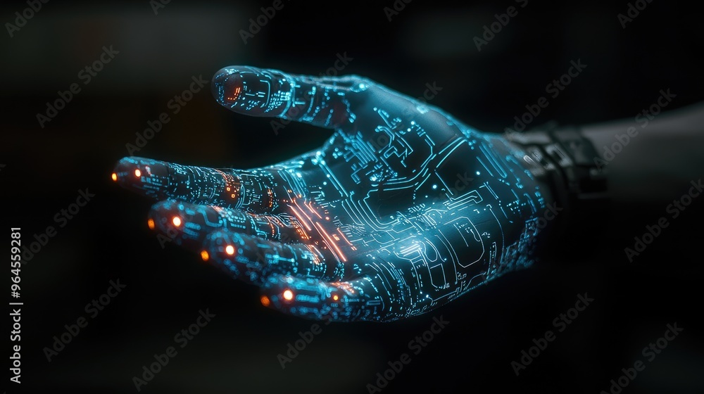 Aufkleber a luminescent robotic hand with intricate circuit patterns, glowing against a dark background, showc