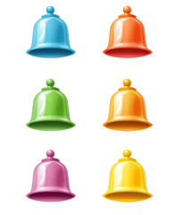 Set of six colorful bells in blue, orange, green, yellow, purple, and red. Isolated on a transparent background. Ideal for festive designs.