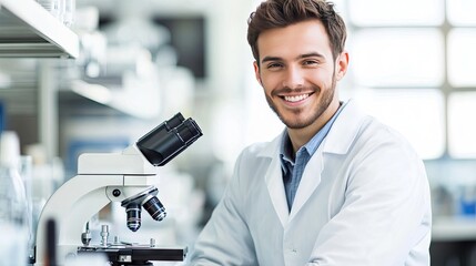 A male lab assistant in a white coat, smiling confidently while conducting research with a microscope, symbolizing scientific discovery