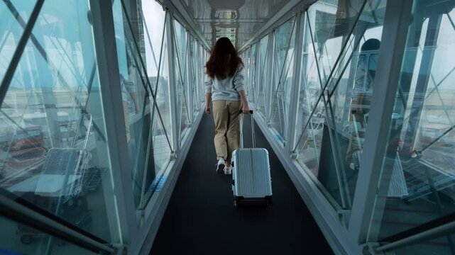 Young woman walks from airplane through jet bridge to terminal in slow motion. Viewed from behind, she strolls along modern, enclosed passageway with glass walls, pulling small silver suitcase.