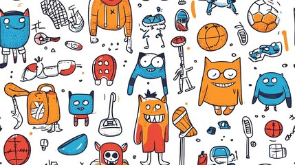 Playful Monster Doodles Seamless Pattern - Cute and Colorful Cartoon Creatures for Kids' Designs, Fabric, Wallpaper, and More