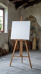 Blank canvas on an easel in an empty room.