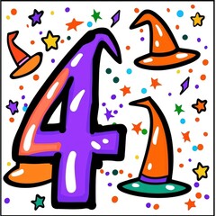 Colorful Cartoon Number Four with Witch Hats
