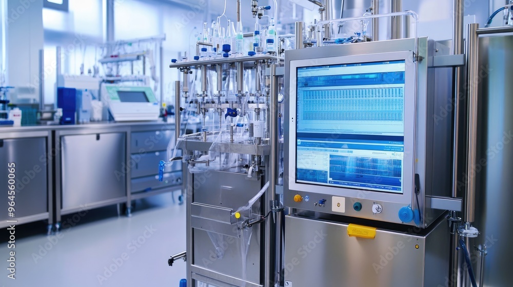 Poster advanced bioprocessing systems in a biotechnology lab, offering flexible, cost-effective solutions w