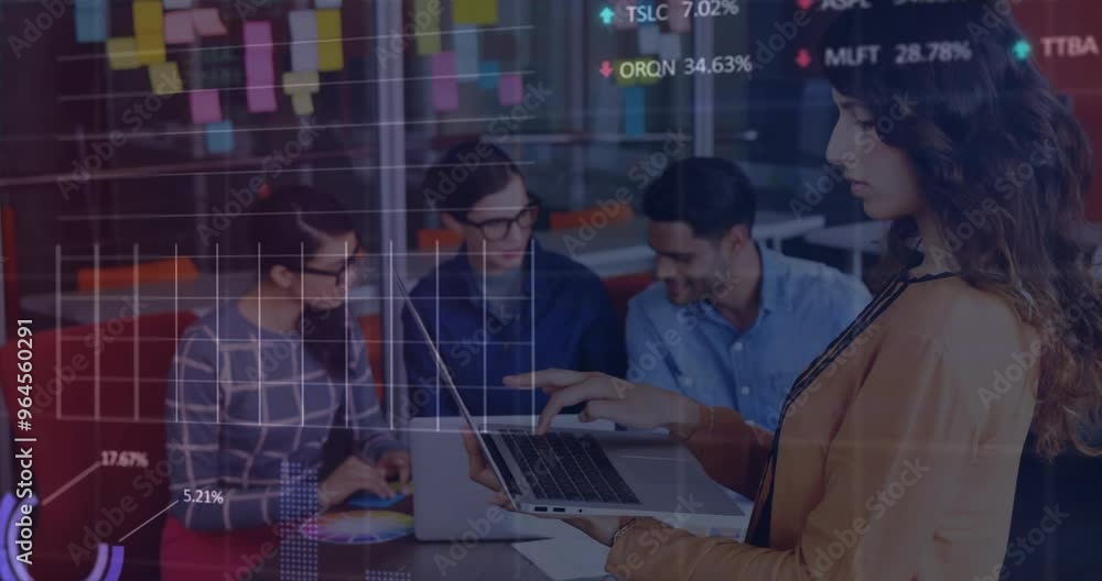 Poster animation of data processing and diagrams over diverse business people discussing work