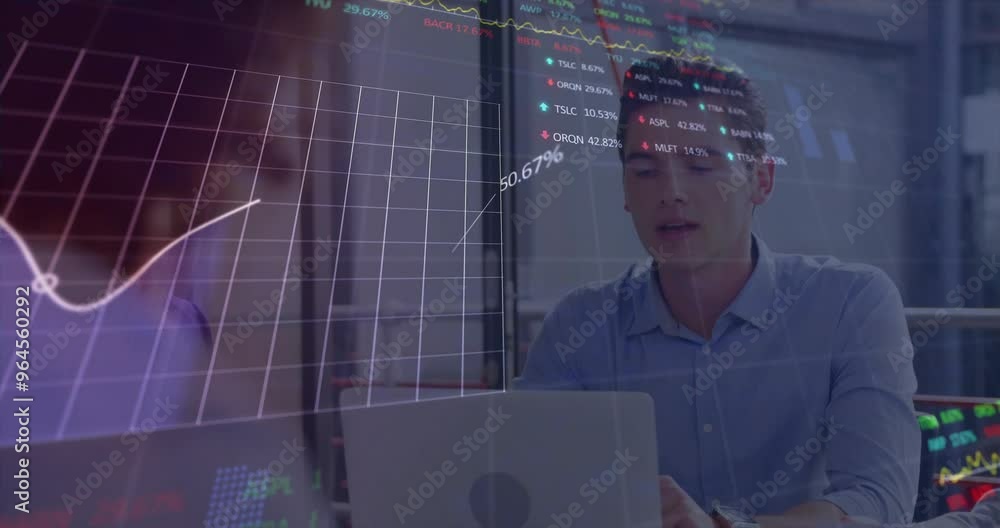 Poster animation of data processing and diagrams over diverse business people discussing work