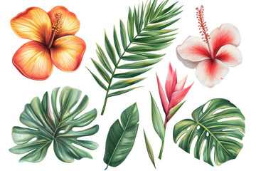Naklejka premium Tropical floral and green leaves illustration, featuring vivid pink and orange hibiscus flowers, palm, and monstera leaves. Perfect for design use.
