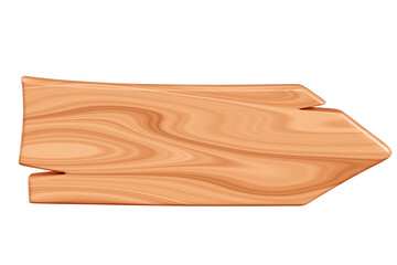 Wooden arrow plaque with cracks for text box. Cartoon 3d render illustration of signboard with brown wood texture. Vintage rustic timber plank, nameplate or board frame with fracture.