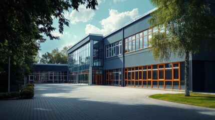 Modern School Building Exterior with  Large Windows