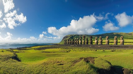 A wide-angle view of the Moai statues at Ahu Tongariki, with the statues lined up against the horizon.